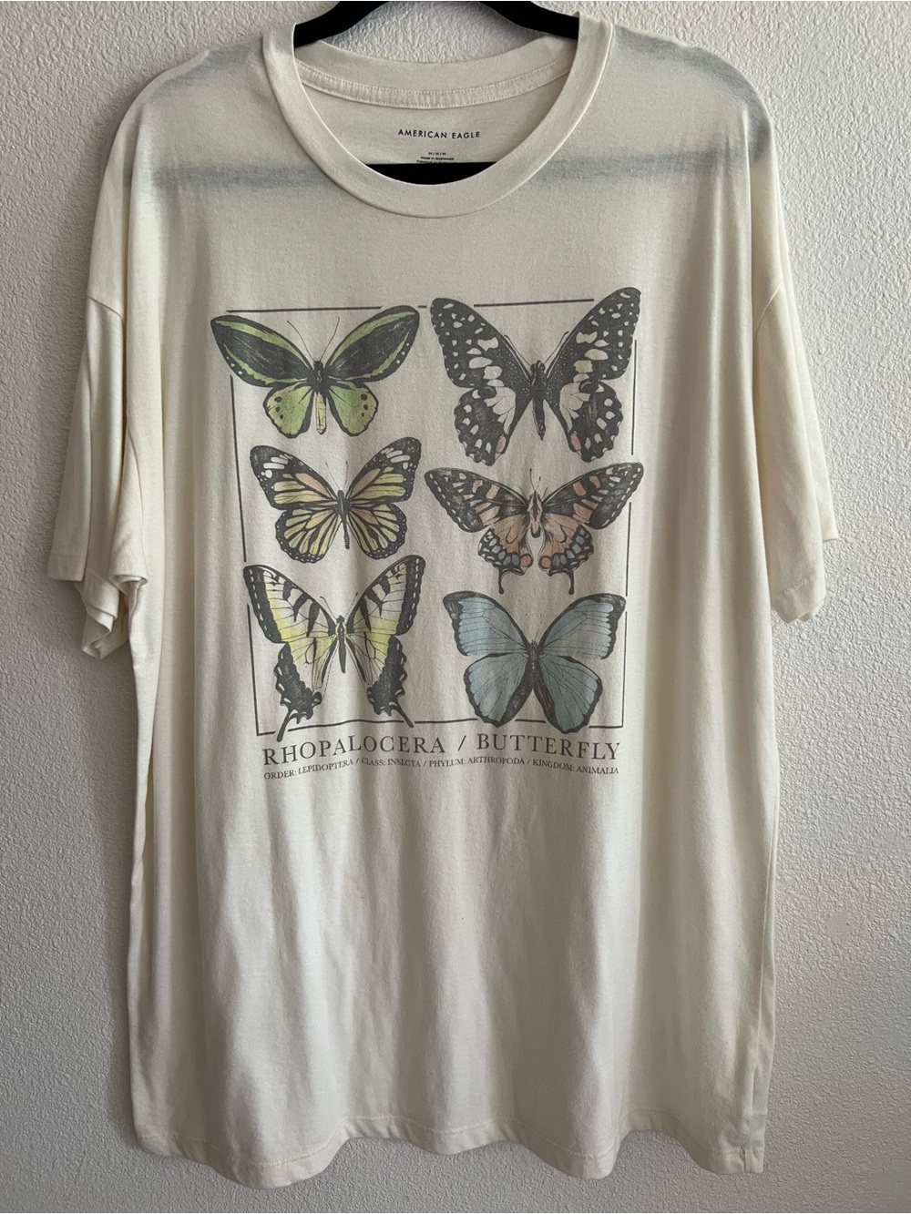 American Eagle Outfitters Cream Butterfly Graphic Tee with Pastel Accents